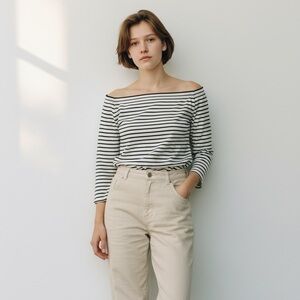 Theory, Navy Blue and Cream Stripe Top 3/4 Sleeve Aprine Off Shoulder Medium